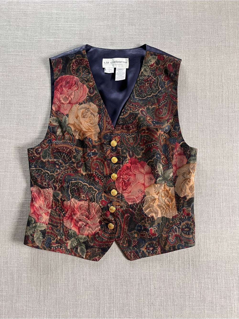 Vintage 90s Liz Claiborne Floral Paisley Brocade Style Vest in Red, Cream, Navy